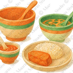 Pode incluir: Ilustração de várias tigelas e pratos com comida. As tigelas são laranja, verdes e bege com colheres de madeira. Um prato tem arroz e um pedaço retangular de comida. A imagem tem um estilo desenhado à mão.