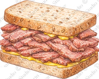 Menu restauracji, jedzenie, PNG – kanapka z wędzonym mięsem Montreal, kanadyjski delikates, przezroczysty PNG (pobieranie cyfrowe)
