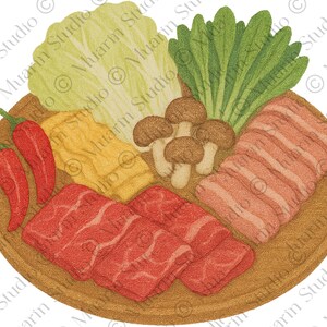 Puede incluir: Ilustración de un plato de madera con varios ingredientes para una comida. El plato contiene chiles rojos, carne en rodajas, champiñones y verduras de hoja. La imagen es un dibujo colorido y detallado.
