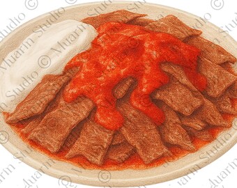 Restaurant Menü Essen PNG - Iskender Kebab Döner mit Joghurt und Sauce, Buntstift , Transparentes PNG (Digitaler Download)
