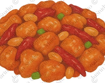 Restaurant Menu Food PNG – Kung Pao Chicken Stir-Fry, Colored Pencil, Transparent PNG (Digital Download)