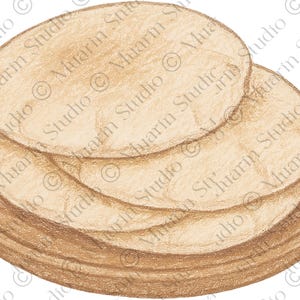 May include: A pencil-drawn illustration of a stack of tortillas on a brown plate. The tortillas are light brown and round, with a slightly textured appearance. The plate is also brown and has a simple, circular design.