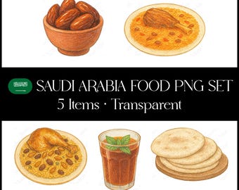 Saudi Arabian Food Clipart Bundle PNG–5Items,Colored Pencil Middle Eastern Cuisine Illustration Set,Transparent Background(Digital Download)