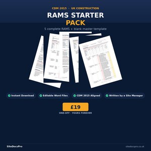 Puede incluir: Un conjunto de documentos digitales titulado RAMS STARTER PACK para la construcción en el Reino Unido bajo CDM 2015, que incluye cinco plantillas completas de RAMS y una plantilla maestra en blanco, en archivos Word editables.
