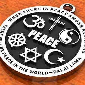 May include: A silver pendant with a black circle featuring symbols of different religions, including a cross, a Star of David, a crescent moon, a yin-yang symbol, and a Dharmachakra. The circle is surrounded by the text "When there is peace among religions there will be peace in the world - Dalai Lama".