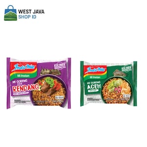 May include: Two packages of Indomie instant noodles. One is purple with "Mi Goreng Rendang" text and a picture of noodles with meat and vegetables. The other is green with "Mi Goreng Aceh" text and a picture of noodles with toppings. The West Java Shop ID logo is in the top left.
