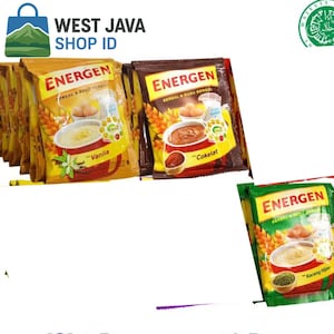 May include: Packets of Energren cereal and milk mix in yellow, brown, and green. The packets display images of the prepared cereal and the flavour names: Vanilla, Cokelat, and Kacang Hijau. The text 'WEST JAVA SHOP ID' is visible.