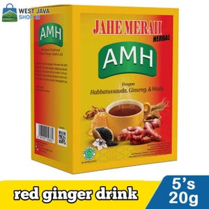 May include: A yellow box of "red ginger drink" with the text "AMH" in green. The box features illustrations of ginger, honey, and a cup of tea. The text "5's 20g" is in the bottom right corner.