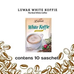 Könnte beinhalten: Eine Packung Luwak White Koffie mit dem Text "White Koffie Original" und einem Bild einer Kaffeetasse. Die Verpackung ist beige und weiß, mit Kaffeebohnen im Hintergrund. Der Text "contens 10 sachet" ist ebenfalls sichtbar.