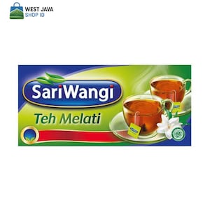 May include: A box of SariWangi Teh Melati jasmine tea with two cups of brewed tea. The tea is a rich amber colour, served in clear glass cups with saucers. The box has a blue, green, and red design with the brand name and product name.