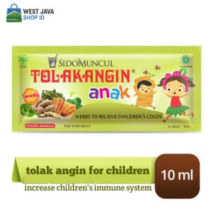 May include: A green packet of Tolak Angin Anak, a herbal remedy for children's colds. The packet features illustrations of children, honey, and herbs. The text reads "HERBS TO RELIEVE CHILDREN'S COLDS" and "10 ml".
