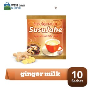Op de afbeelding: Een oranje en bruin pakje SidoMuncul Susu Jahe gembermelk, met een afbeelding van een kopje gembermelk. Het pakje heeft de tekst "ginger milk" en "10 Sachet". Verse gemberwortel en plakjes staan op de voorgrond.