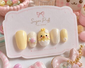 Sanrio Inspired Press On Nails Chick Flower Kawaii Nails Pastel Yellow Cute Cartoon Manicure Set