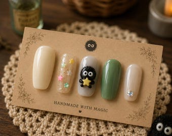 Studio Ghibli Inspired Press On Nails Soot Sprite Forest Nails Sage Green Anime Cute Manicure Set