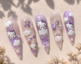 Purple Kitty Press On Nails, Kawaii Cloud Heart Nail Set, Cute Pearl Stiletto Nails, Glossy Handmade False Nails