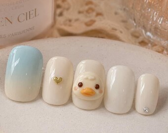 Animal Crossing Inspired Duck Villager Press On Nails Blue Pastel Cute Game Gel Manicure Nail Art Set