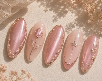 Rose Gold Cat Eye Press On Nails, Floral Chrome Nails, Pink Rose Nail Set, Elegant Feminine Nails, Luxury Almond Nails