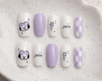 Jimin BTS Press On Nails, BT21 Inspired Purple Nails, Cute Kpop Fake Nails, ARMY Korean Nails