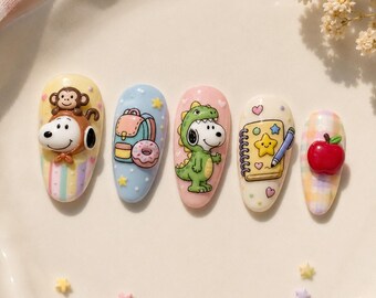 Cute Snoopy Press On Nails, Kawaii Cartoon Fake Nails, Pastel School Dino Apple Glossy Handmade Reusable Acrylic Nail Set