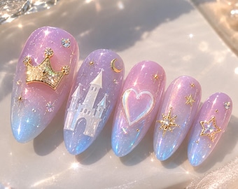 Pastel Princess Press On Nails, Dreamy Castle Heart Star Nails, Pink Blue Fairy Tale Nails, Cute Glitter Press On Fake Nails Gift