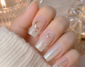 Sailor Moon Inspired Press On Nails Pearl Chrome Moon Nails Minimalist Anime Magical Girl Manicure Set