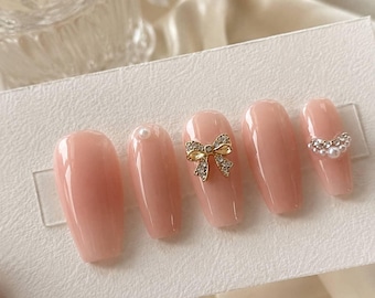 Barbie Inspired Press On Nails Blush Pink Bow Charm Pearl Elegant Coquette Gel Manicure Nail Art Set