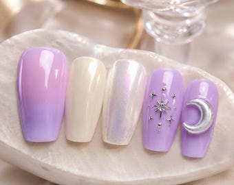 Sailor Moon Inspired Press On Nails Lavender Crescent Moon Star Anime Magical Girl Gel Manicure Nail Art Set