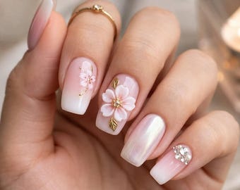 Anime Cherry Blossom Press On Nails Pink Sakura Flower Pearl Chrome Elegant Gel Manicure Nail Art Set