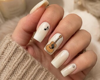 Animal Crossing Inspired Press On Nails Guitar Cream Cozy Gamer Nails Cottagecore Cute Manicure Set Gift