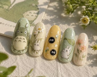 Totoro Floral Press On Nails, Studio Ghibli Garden Nails, Cute Anime Character Nails, Daisy Flower Nail Art, Spring Kawaii Nails