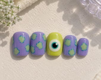 Toy Story Monster Inc Press On Nails, Mike Wazowski Inspired Nails, Green Eye Cartoon Nails, Cute Kawaii Nail Art Set