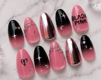 Blackpink Press On Nails, Kpop Idol Fake Nails, Pink Black Chrome Acrylic Nails, Blink Korean Nails