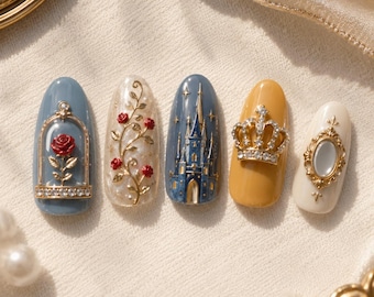 Enchanted Castle Press On Nails, Blue Rose Princess Nails with Crown Charm, Fantasy Fairytale Luxury Nail Set
