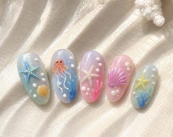 Cute Ocean Sea Life Press On Nails, Starfish Jellyfish Seashell Pastel Fake Nails, Handmade Glossy Acrylic Nail Set