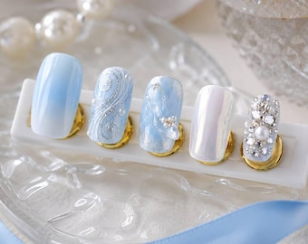 Disney Princess Inspired Cinderella Press On Nails Blue Pearl Crystal Gold Frame Gel Manicure Nail Art Set