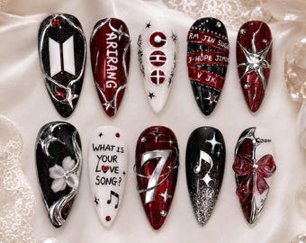 Bangtan Arirang Press On Nails, Red Black Silver Kpop Nail Set, Army Concert Gift, Reusable Custom Fake Nails