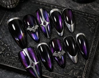 Black Purple Chrome Press On Nails Gothic Aura Nails Almond Nails Dark Elegant Nails Handmade Fake Nails Reusable Set