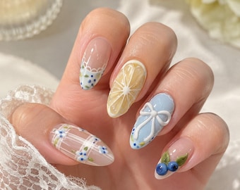 Blue Lemon Press On Nails, Blueberry Bow Fake Nails, Summer Fruit Handmade Glossy Acrylic Nail Set