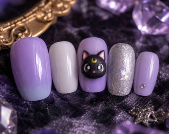 Sailor Moon Inspired Luna Cat Press On Nails Lavender Pearl Chrome Anime Magical Girl Gel Manicure Nail Set
