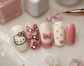 Hello Kitty Press On Nails, Pink Bow Nail Art, Cute Kawaii Character Nails, Coquette Polka Dot Press On Set for Women