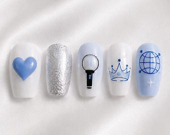 BTS Lightstick Press On Nails, ARMY Bomb Blue Nails, Cute Kpop Fake Nails, Korean Acrylic Nails