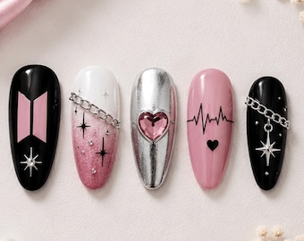 BTS Heart Press On Nails, Kpop Idol Fake Nails, Pink Black Silver Acrylic Nails, ARMY Cute Korean Nails