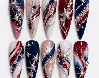 Luxury Patriotic Press On Nails with Rhinestones Stars Red White Blue Glitter Design, 4th of July Nail Set, USA Holiday Nails