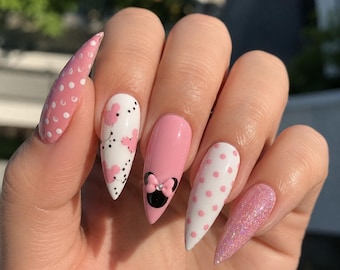 Pink Minnie Mouse Press On Nails, Disney Inspired Polka Dot Glitter Nail Set, Cute Cartoon Stiletto Nails