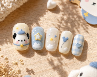 Kawaii Puppy Press On Nails, Cute Blue Cartoon Nail Set, Cloud Star Nails, Pastel Character Nails, Sweet Nail Art Design