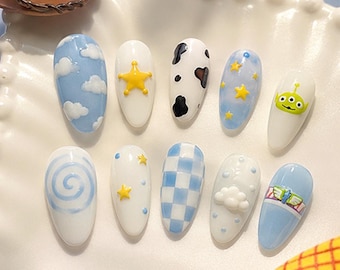 Toy Story Alien Press On Nails, Blue Cartoon Fake Nails, Cute Kawaii Nails, Checkerboard Nail Set