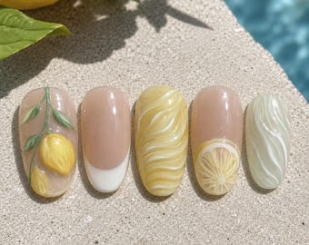 Minimal Lemon Press On Nails, Nude Yellow Marble Fake Nails, Summer Handmade Reusable Glossy Acrylic Nail Set