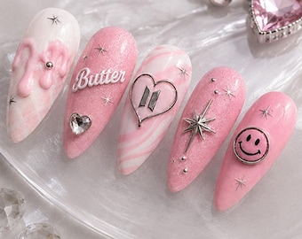 Pink Butter BTS Press On Nails, Cute Kpop Fake Nails, Coquette Korean Nail Art, ARMY Gift