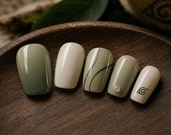 Naruto Inspired Press On Nails Sage Green Konoha Symbol Anime Ninja Minimalist Manga Manicure Set Gift