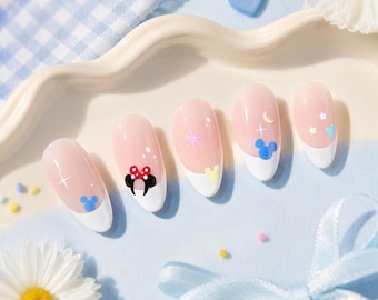 Mickey Minnie French Tip Press On Nails, Disney Inspired Pink Blue Cute Nail Set, Minimal Cartoon Fake Nails
